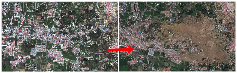 미국 민간위성 디지털글로브가 촬영한 인도네시아 술라웨시 섬 팔루의 지진 및 쓰나미 발생 전후의 모습. 왼쪽은 8월 17일에 찍은 사진이고, 오른쪽은 지진 및 쓰나미 발생 이후인 1일 찍은 사진이다. 건물과 나무들이 있던 곳이 흙으로 덮여 있다. 인도네시아 정부는 거대한 지반이 끈적한 액체처럼 흐르며 순식간에 가옥 등의 마을을 삼키는, 이른바 ‘지반 액상화’ 현상이 피해를 키웠다고 설명했다. / AP, 뉴시스