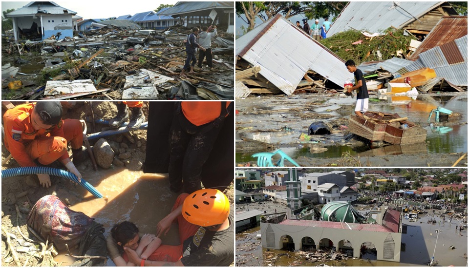 인도네시아 중부 술라웨시 섬 팔루 일대에 28일 규모 7.5 지진과 쓰나미가 강타했다. 이슬람 사원과 주변지역이 물에 잠겼고, 살아남은 피해자들은 당장 사용할 가재도구와 먹을거리를 찾기 위해 고군분투하고 있다. 구조대원들이 생존자를 수색하고 있지만 인력이 태부족인 상황으로 알려진다. / AP, 뉴시스