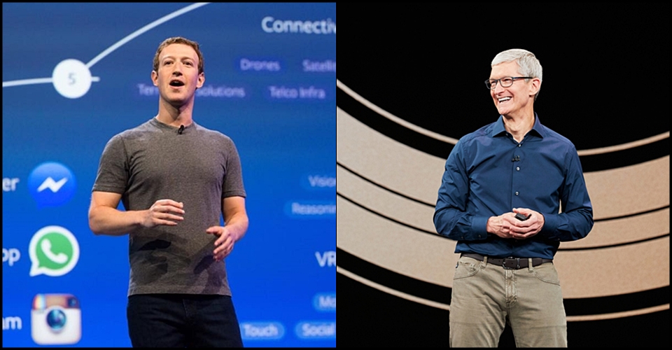페이스북과 애플의 신경전이 계속되는 분위기다. 사진은 마크 저커버그 페이스북 CEO(왼쪽)와 팀 쿡 애플 CEO.