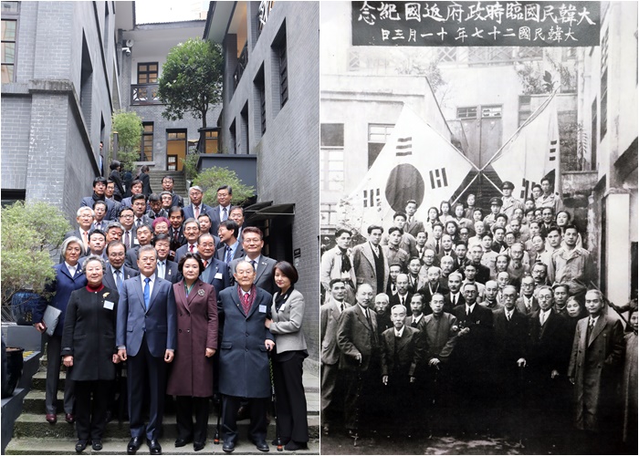 2017년 12월 문재인 대통령의 중국 충칭 방문시 촬영한 임시정부터 기념사진과 김구 주석 당시 임시정부 사진 /뉴시스