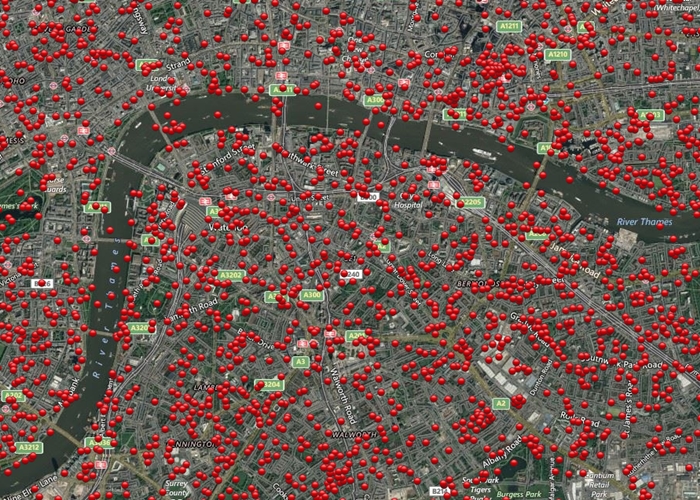런던 대공습 당시 독일 공군이 폭탄을 투하한 장소를 표시한 지도. /'http://bombsight.org'