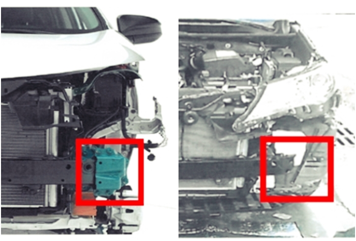 미국 고속도로안전보험협회에서 최고안전차량에 선정된 RAV4의 운전석 안전보강재(왼쪽)와 안전보강재가 없는 국내 출시차량(오른쪽). /공정거래위원회