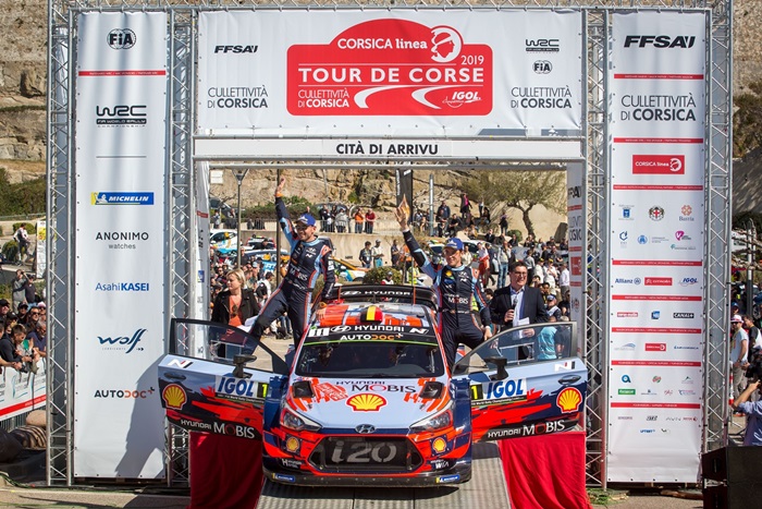 현대자동차(주)는 지난 3월 28일(목)부터 3월 31일(일)(현지시각)까지 프랑스에서 진행된 '2019 월드랠리챔피언십(이하 2019 WRC)' 시즌 4번째 대회인 코르시카(Corsica) 랠리에서 드라이버•제조사 부문 1위를 동시에 달성했다고 4월 1일(월) 밝혔다. / 사진 및 기사 제공 = 현대자동차