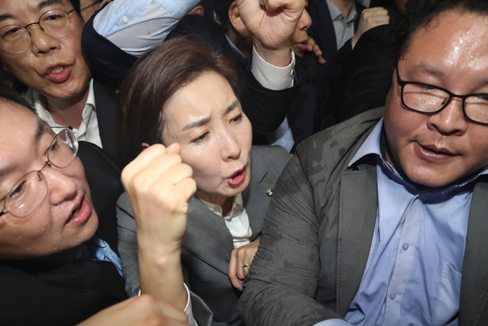 패스트트랙 법안 제출을 위해 국회에서 경호권이 발동된 25일 오후 서울 영등포구 여의도 국회 의안과 앞에서 자유한국당 나경원 원내대표와 당원들이 국회 관계자들과 몸싸움을 하며 구호를 외치고 있다. / 뉴시스