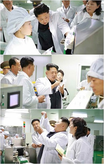 2015년 10월 1일자 북한 관영매체 노동신문에 실린 사진. 김정은 위원장이 현지지도에 나섰던 정성제약종합공장은 필로폰을 생산·유통하는 중요 거점 중 하나로 알려졌다. / 뉴시스
