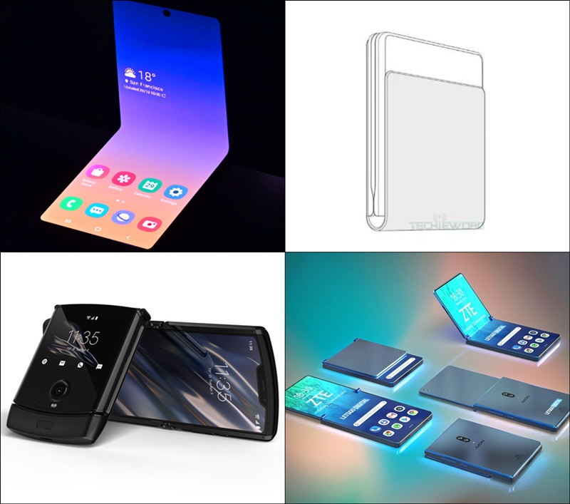 글로벌 스마트폰 제조사가 위아래로 접히는 '클램셸' 방식의 폼팩터에 주목하고 있다. 사진은 왼쪽 상단부터 시계방향으로 삼성전자, 화웨이, 레노버, 모토로라의 폴더블폰 형태. /삼성전자·Techie World·레츠고디지털·모토로라