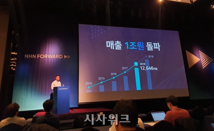 NHN이 27일 NHN 그룹내 사업 부문별 주요 기술을 총망라한 'NHN 포워드 2019'를 개최했다. 정우진 NHN 대표가 지난 6년간의 NHN 성과를 설명하고 있다. /송가영 기자