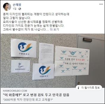 손혜원 전 국회의원은 자신의 페이스북을 통해 인천국제공항공사의 새 로고로 알려진 디자인을 강하게 비판했다. /손혜원 전 의원 페이스북