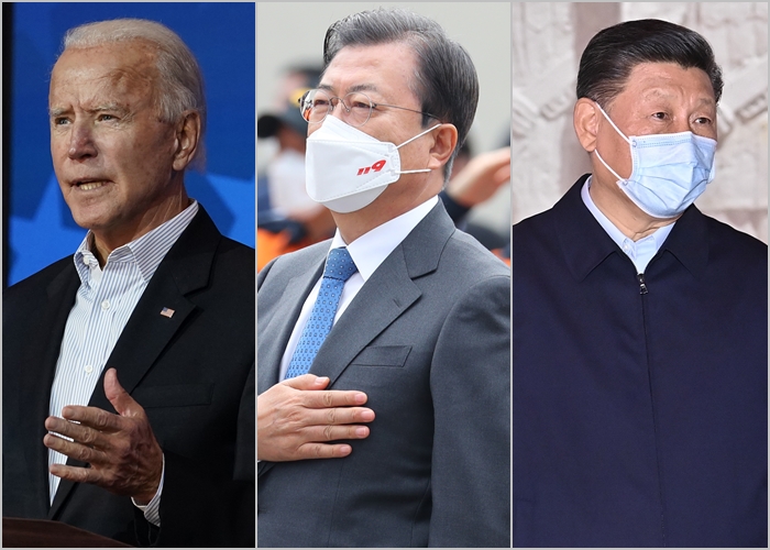 조 바이든 당선인(사진 왼쪽)이 한미동맹 재건을 위한 행보를 보이자, 중국에서는 시진핑(오른쪽) 국가주석의 방한설에 흘러나오는 등 미중이 한국을 대하는 분위기가 달라졌다. /AP-뉴시스
