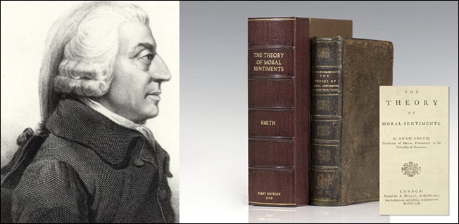 경제학자인 애덤 스미스(Adam Smith·좌)가 ‘국부론’(1776)에 앞서 1759년에 출판한 도덕론에 관한 저서 ‘도덕감정론’. 낙서가 유난히 심한 책이 ‘도덕감정론’이어서 낙서한 자가 더욱 밉고 한심했다. / 정숭호 칼럼니스트 제공