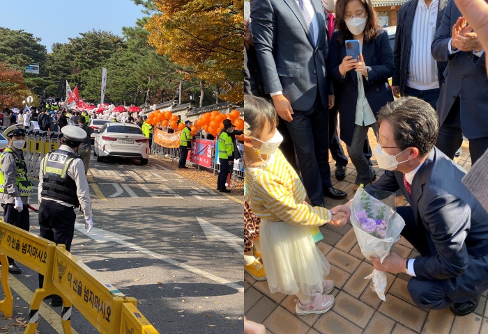 5일 오후 국민의힘 경선 후보를 응원하기 위해 각 지지자들이 서울 용산구 백범김구기념관 앞에 도열해있다.(왼쪽) 유승민 예비후보가 전당대회장으로 들어가기 전 본인 지지자들 사이에서 아이에게 꽃다발을 받고 있다.(오른쪽)