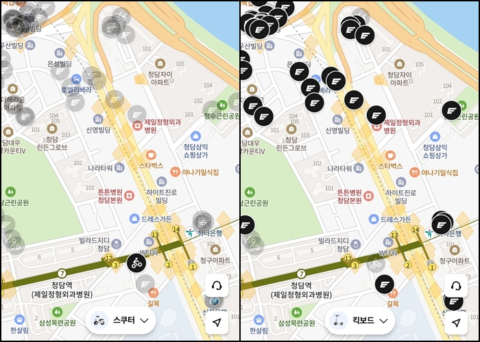 스윙 모빌리티 앱에 표시되는 공유 전기스쿠터 반납 가능 구역(왼쪽)은 노란색 박스로 표시된 곳을 제외한 모든 곳이다. 또한 이는 공유 킥보드 반납 가능 구역(오른쪽)과 일치한다. / 스윙 앱 갈무리