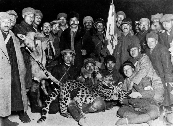 1915년부터 1942년까지 이어진 일제 해수구제사업으로 한국 늑대를 포함한 호랑이, 표범 등 육식 동물 대다수가 멸종당했다. 사진은 1917년 11월 16일 일본 야마모토 정호군이 표범을 사살한 모습./ 에이도스
