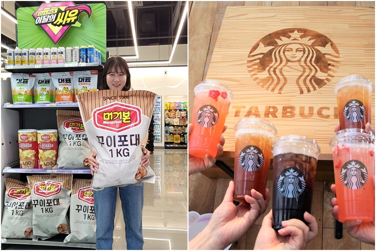 최근 유통업계서는 대용량 제품들을 잇따라 선보이고 있다. 사진 왼쪽은 CU의 특대용량 안주 상품, 오른쪽은 스타벅스 코리아의 트렌타 사이즈 컵에 담긴 음료. / CU, 스타벅스