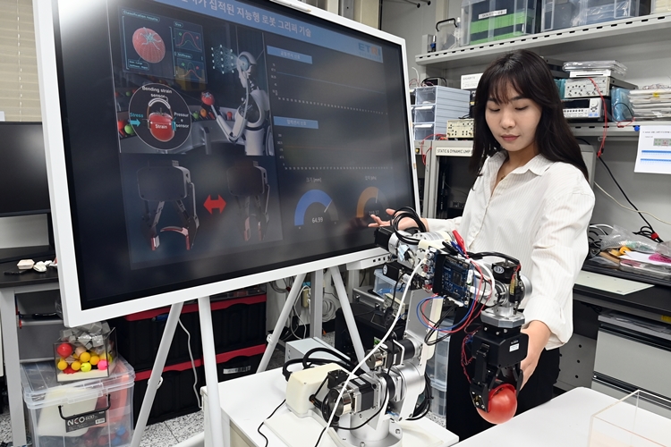 ETRI 연구진이 멀티 모달 유연 센서가 집적된 지능형 로봇 그리퍼 기술로 토마토를 잡는 실험하는 모습./ 한국전자통신연구원