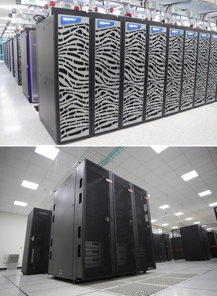 (위쪽부터)한국과학기술정보연구원에 설치된 슈퍼컴퓨터 5호기‘누리온’와 기초과학연구원(IBS)의 슈퍼컴퓨터 '올라프'의 모습./ KISTI, IBS
