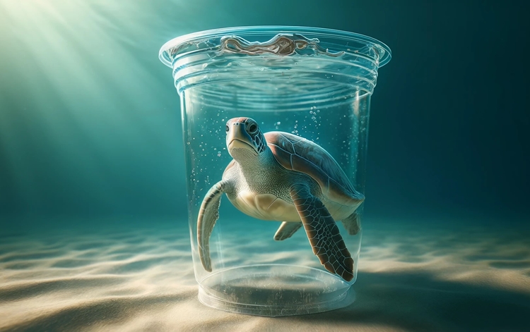 밝은 색과 부드러운 먹이에 이끌리는 바다거북의 습성이 플라스틱 섭식 문제를 더욱 악화시킬 것으로 우려된다. 말 그대로 바다거북들은 '하얀 죽음'의 덫에 걸린 것이다./ 생성형 AI를 활용해 제작한 이미지