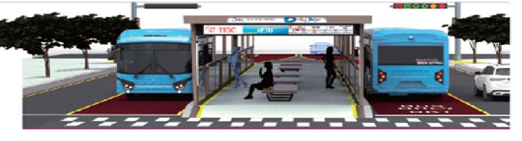 중앙차선에 설치된 섬식 정류장에서 양방향 왼쪽으로 승차하는 모습 / ㈜우진산전