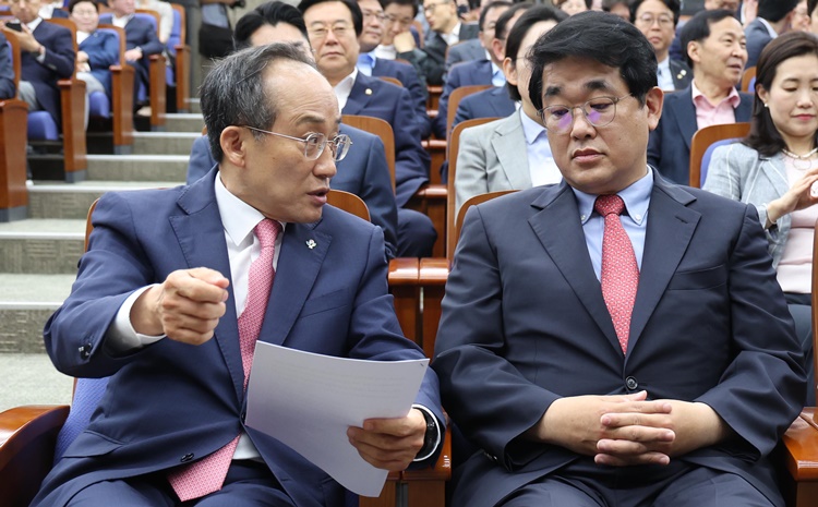국민의힘은 정국을 타파할 당론을 마련하기 위해 의원총회를 열었지만 대응책을 두고 당내 이견이 많아 고심하고 있다. 추경호 국민의힘 원내대표와 배준영 원내수석부대표가 11일 오전 서울 여의도 국회에서 열린 의원총회에서 대화를 하고 있다. /뉴시스