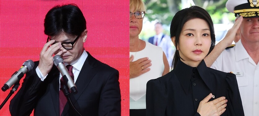 (왼쪽)한동훈 국민의힘 당 대표 후보가 지난 8일 오후 광주 서구 김대중컨벤션센터에서 열린 국민의힘 제4차 전당대회 광주·전북·전남·제주 합동연설회에서 정견발표를 하고 있는 모습. (오른쪽)윤석열 대통령 부인 김건희 여사가 8일(현지시각) 미국 하와이 국립 태평양 기념묘지를 찾아 국기에 경례하고 있는 모습.  /뉴시스
