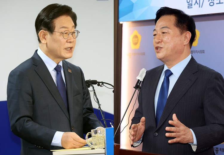 더불어민주당이 ‘8‧18 전당대회’ 후보 등록을 마감하면서 본격적인 당권 경쟁이 시작됐다. 왼쪽 사진은 이재명 더불어민주당 전 대표가 지난 10일 오전 서울 여의도 중앙당사 당원존에서 당 대표 출마선언을 하고 있는 모습이고, 오른쪽 사진은 김두관 전 더불어민주당 의원이 지난 9일 세종특별자치시의회에서 당대표 출마 선언을 하고 있는 모습. / 뉴시스