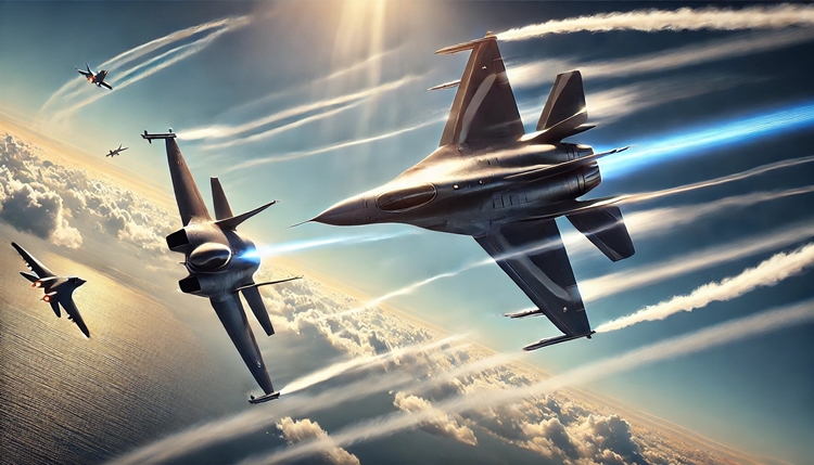 AI파일럿이 가장 특화된 부분은 단연 ‘시계내 공중전(WVR)’, 일명 ‘도그파이트(Dog-fight)’다. 도그파이트는 전투기끼리의 근접전을 의미한다. 서로 가시권 안에 들어온 전투기들끼리 꼬리 쪽을 공략하고자 싸우는 모습이 마치 개들이 싸우는 모습과 유사해 붙여진 이름이다./ 생성형 AI를 활용해 제작한 이미지