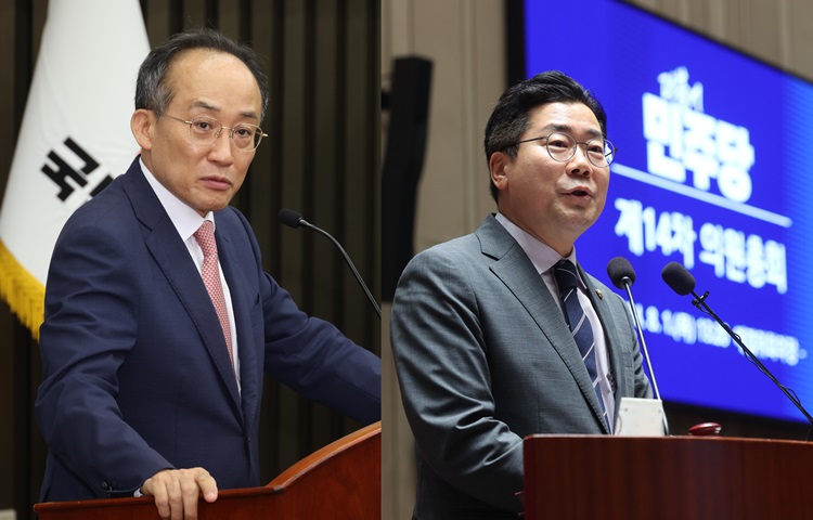 국민의힘이 윤석열 정부 출범 이후 탄핵소추안이 18건 발의됐다는 점을 부각하며 더불어민주당 비판에 나서자, 민주당은 윤석열 대통령이 재의요구권(거부권)을 총 15번 행사한 점을 언급하며 맞불을 놨다. 왼쪽 사진은 추경호 국민의힘 원내대표가 지난 1일 오전 국회에서 열린 의원총회에서 발언을 하고 있는 모습이고, 오른쪽 사진은 박찬대 민주당 대표 권한대행 겸 원내대표가 같은 날 오후 국회에서 열린 의원총회에서 발언하고 있는 모습. / 뉴시스