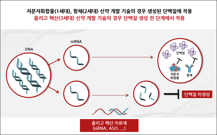 ‘올릭스(Olix)’의 대표 기술인 ‘RNA 간섭 치료제 플랫폼’의 원리 및 설명./ 올릭스