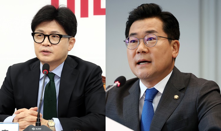 박찬대 더불어민주당 대표 권한대행 겸 원내대표가 한동훈 국민의힘 대표가 제안한 '제3자 추천 채상병 특검법'에 대해 수용하겠다는 입장을 밝히면서, '제3자 추천안'이 다시 정치권 화두로 떠올랐다. 왼쪽 사진은  한 대표가 지난 1일 오전 국회에서 열린 최고위원회의에서 발언하고 있는 모습이고, 오른쪽 사진은 박 권한대행이 16일 서울 중구 프레스센터에서 열린 관훈토론회에서 기조연설을 하고 있는 모습. / 뉴시스