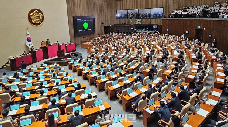 여야는 28일 국회 본회의에서 '구하라법', '전세사기 특별법' 등 28개의 민생법안에 대해 합의처리했다. 사진은 간호법 제정안이 이날 본회의에서 통과되고 있는 모습. / 전두성 기자