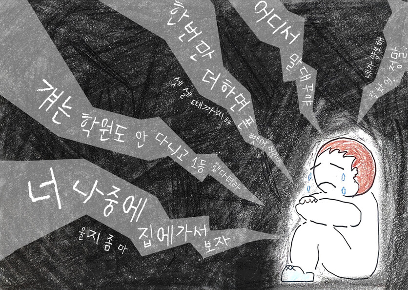 성남에 사는 정지훈(남/40대, 가명) 독자님이 보내주신 그림. 정지훈 님은 어릴 적 어머니와 함께 외출했을 때 “너 나중에 집에가서 보자”라는 소리를 들으면 너무 공포스러웠다고 한다. ‘아동학대’라는 단어를 들으면 그 당시 느낌이 떠오른다고.  / 그림=정지훈