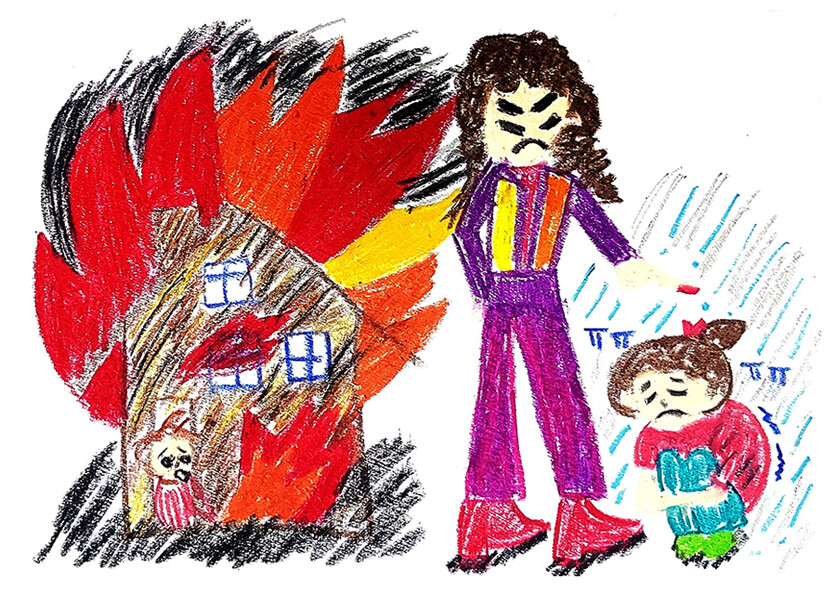 박소현(여/30대/잠실/가명) 독자님은 ‘아동학대’라는 단어를 듣고 이 같은 그림을 그렸다. 어린시절 사촌오빠와 단둘이 집에서 놀다가 불이 났던 기억을 그린 것인데, 집에 돌아온 엄마가 검정 재가 묻은 신발을 보며 짜증을 내는 모습에 너무 가슴이 아팠다는 게 그의 말이다. / 그림=박소현