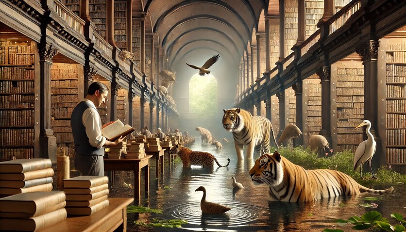 기후위기, 자연 생태계와 생물 다양성 보존, 기후위기 등 글로벌 ‘환경 문제’ 해결 방안 모색을 위해 올바른 지식이 그 어느 때보다 중요한 시점이다. 이에 전문가들은 기원전 300년, 고대 이집트에 존재했던  ‘알렉산드리아 대도서관’과 같은 지식 공유 플랫폼이 필요하다고 강조한다./ 생성형 AI를 활용해 제작한 이미지