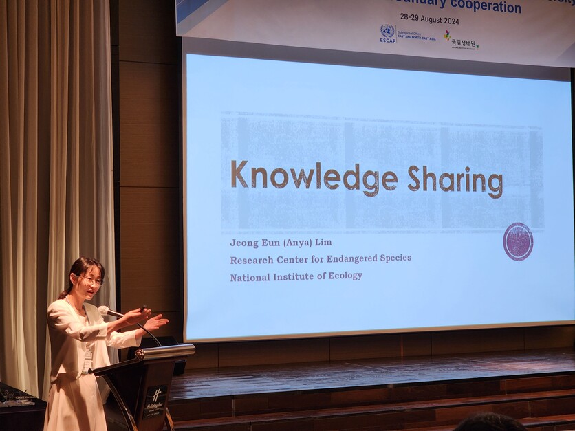 지난달 28일 인천 송도에서 개최된 ‘초국경 협력을 위한 자연보전·생물다양성 워크숍’에서 지식 공유의 중요성에 대해 발표하는 임정은 국립생태원 멸종위기종복원센터 복원연구팀 선임연구원./ 박설민 기자