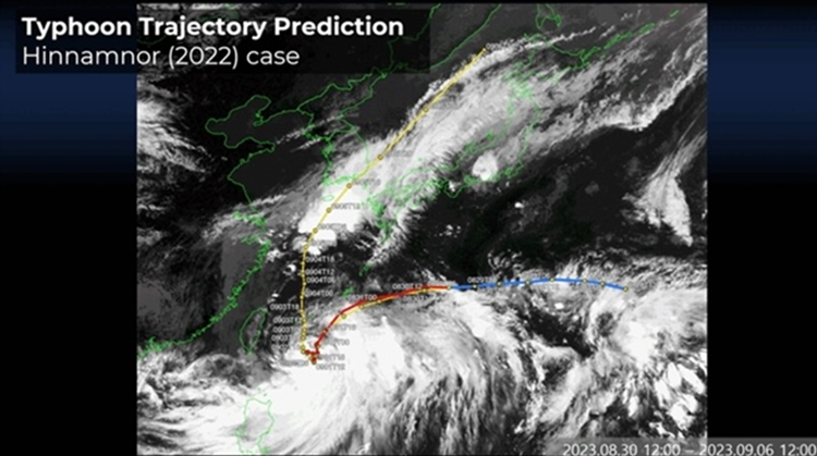 기후변화가 가속화하면서 슈퍼태풍의 경로 및 발생 시기 예측은 점점 더 어려워지고 있다. 이때 뛰어난 예측 능력을 가진 ‘인공지능(AI)’은 기상재해 대응의 새로운 해법으로 떠오르고 있다. 사진은 위성 데이터 분석 솔루션 기업 ‘에스아이에이(SIA)’가 개발한 자연재해 예측용 ‘AI기반 재난관리솔루션’으로 태풍 경로를 예측한 모습./ SIA