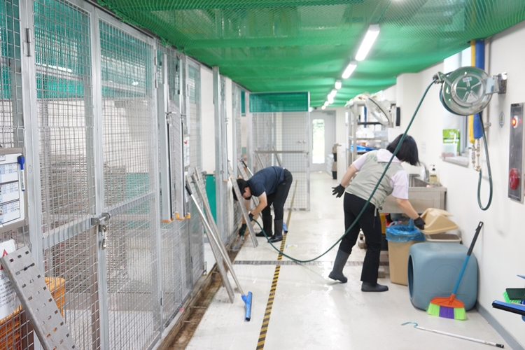 ‘국립생태원 유기야생동물보호시설’ 내부 모습. 연구원들이 위생을 위해 오전부터 청소로 분주한 모습./ 박설민 기자
