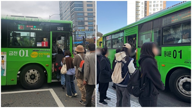 사진 좌측은 승객들이 '금천구청역' 정류장에서 서울 금천구의 마을버스인 '금천 01번' 버스에 탑승하는 모습이며, 사진 우측은 승객들이 '회기역' 정류장에서 '동대문01' 버스에 탑승하는 모습이다.  / 전두성·손지연 기자