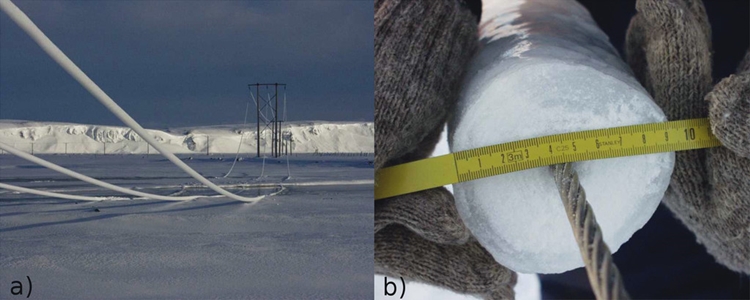 물기를 잔뜩 머금은 습설은 전선에 매우 치명적이다. 전선에 달라붙는 특성으로 도체에 강한 접착력을 가진 조밀한 원통형 ‘얼음갑옷’을 형성하기 떄문이다. 사진은 2000년 3월 아이슬란드 남동부에서 발생한 습설이 전선에 달라붙은 모습. 전선에는 직경 9cm에 달하는 얼음층이 생겼다./ Journal of Applied Meteorology and Climatology