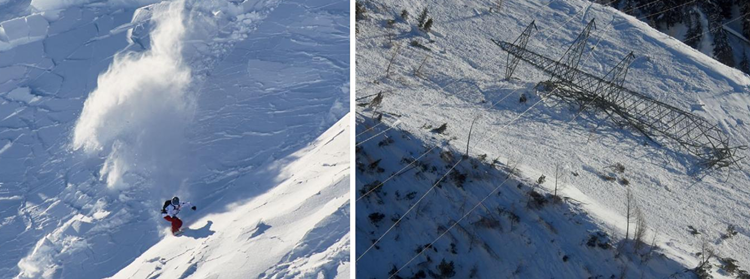 기후변화로 인한 습설 증가는 눈사태 피해를 더욱 악화시킨다. 사진은 알프스 지역에 발생한 눈사태의 모습. 왼쪽 사진의 눈사태는 건설로 인한 것으로 비교적 피해가 적다. 반면 오른쪽 사진의 눈사태는 습설 눈사태로 송전탑을 무너뜨릴만큼 위력이 상당하다./ Nature