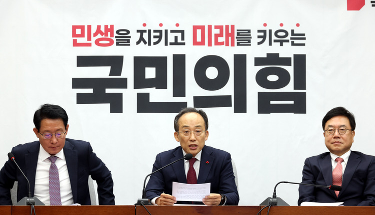 추경호 국민의힘 원내대표가 3일 오전 서울 여의도 국회에서 열린 원내대책회의에서 발언을 하고 있다.  /뉴시스