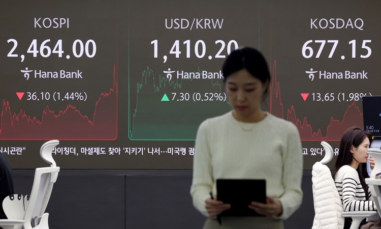 비상계엄 사태로 인한 정치적 불확실성이 붓아하면서 코스피와 코스닥지수가 4일 하락세를 면치 못했다. 사진은  이날 서울 중구 딜링룸에서 딜러들이 업무를 보고 있는 모습. / 뉴시스