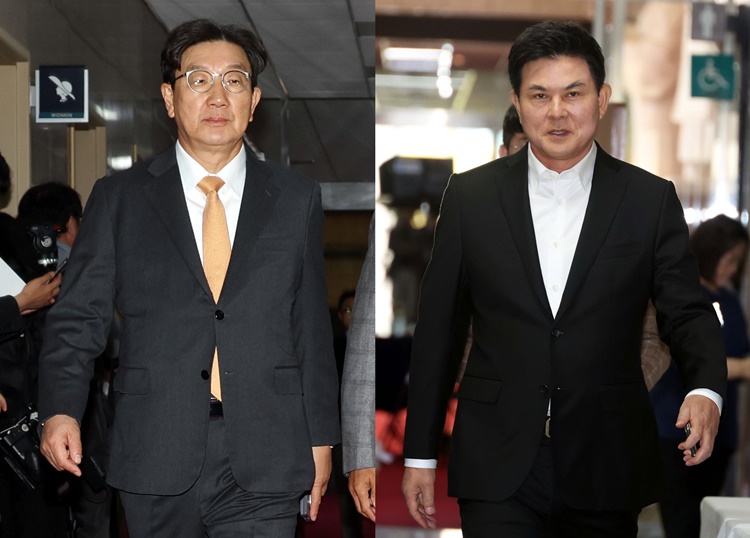 권성동 국민의힘 의원(왼쪽)이 11일 오후 서울 여의도 국회 의장 집무실에 '일방적인 의사운영' 관련 항의를 하기 위해 들어서고 있다. 김태호 국민의힘 의원(오른쪽)이 31일 오후 서울 여의도 국회 원내대표실에서 열린 원내대표주재 비공개 중진회의에 참석하고 있다. /뉴시스