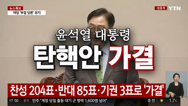 윤석열 대통령에 대한 탄핵소추안이 14일 국회 본회의에서 가결됐다. / YTN 방송화면 갈무리