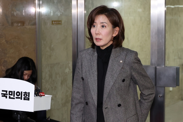나경원 국민의힘 의원이 12·3 비상계엄 선포 당시 더불어민주당 지지자들이 국회를 포위해 경내에 들어가지 못했다고 발언해 논란이 되고 있다. 사진은 지난 7일 나 의원이 국회에서 열린 의원총회 도중 나와 취재진 질문에 답변하고 있는 모습. / 뉴시스