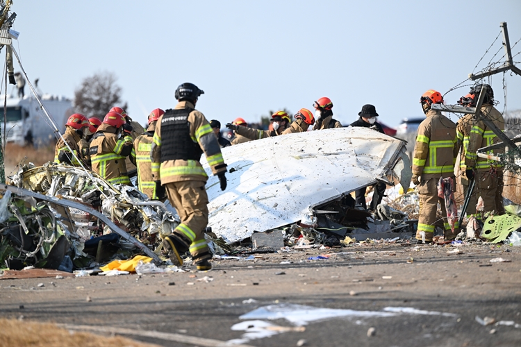 29일 오전 전남 무안국제공항에서 착륙 중이던 방콕발 무안행 제주항공 여객기가 활주로를 이탈해 구조물 등을 출동하면서, 대형 인명피해가 발생했다. 사진은 이날 소방 당국이 사고 충격으로 흩어진 기체 주변에서 사고 수습을 하고 있는 모습. / 뉴시스 