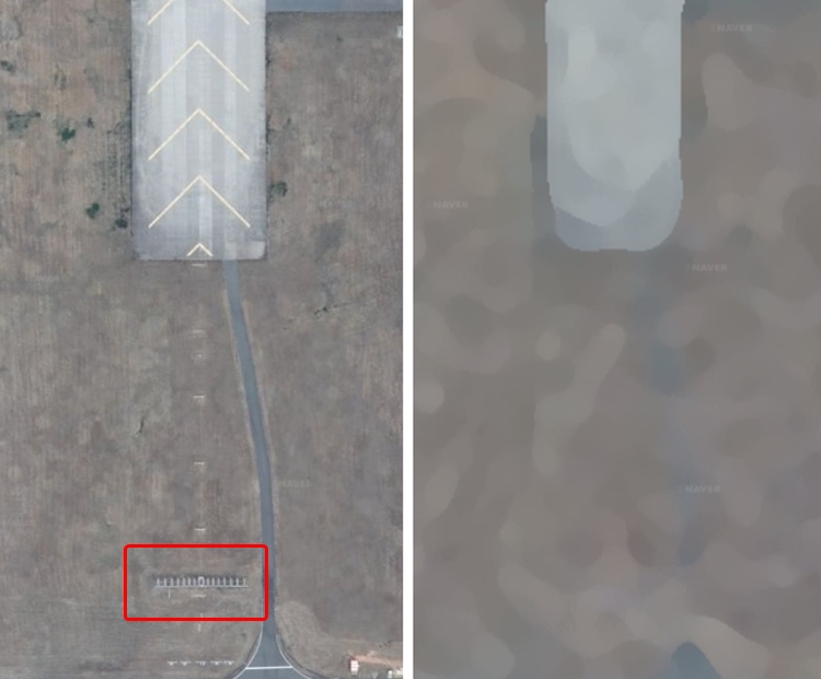 왼쪽은 지난 30일까지의 무안공항 활주로 남쪽 부분 위성사진이며, 오른쪽은 31일 오전 동일한 지역의 위성사진. 왼쪽 사진의 빨간 네모박스 안 구조물이 로컬라이저가 설치된 시설이다. / A 포털사