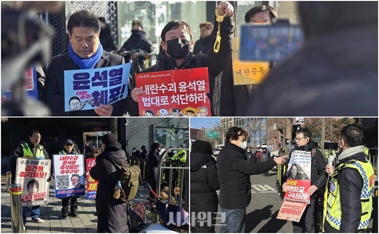 윤석열 대통령 체포를 요구하는 1인 시위도 곳곳에서 이뤄졌다. 사진 위쪽은 안진걸 민생경제연구소 소장이 '내란수괴 윤석열, 법대로 처단하라'는 문구가 적힌 피켓을 들고, 한 손에 수갑을 들어보이고 있는 모습. / 한남동=권신구, 정소현 기자