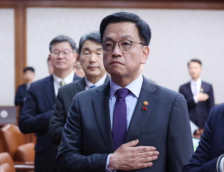 최상목 대통령 권한대행 부총리 겸 기획재정부 장관과 국무위원들이 14일 서울 종로구 정부서울청사에서 열린 국무회의에서 국기에 경례하고 있다. / 뉴시스