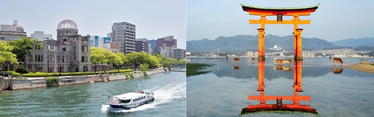 여행이지 ‘천천히 보다, 히로시마 3일’ 패키지 상품은 일본의 사슴섬으로 불리는 미야지마 관광을 포함한다. 사진은 히로시마 원폭돔(왼쪽)과 미야지마(오른쪽).  / 여행이지 홈페이지 갈무리