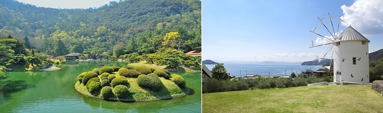 다카마쓰는 에어서울의 2016년 첫 국제선 취항지로, 코로나 엔데믹 직후 가장 먼저 복항한 일본 소도시 노선이다. 다카마쓰 리쓰린공원(왼쪽)과 쇼도시마 올리브공원(오른쪽). / 카가와현 관광협회